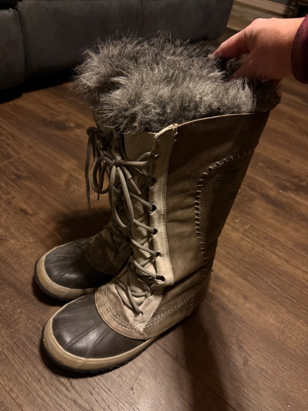 Sorel Tall Lace-Up Winter Boots with Gray Faux Fur Trim
